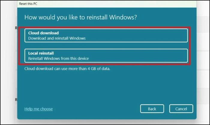 Chọn phương thức cài lại Windows cho máy tính