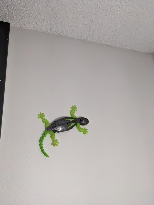 A toy lizard climbing a reviewer's wall