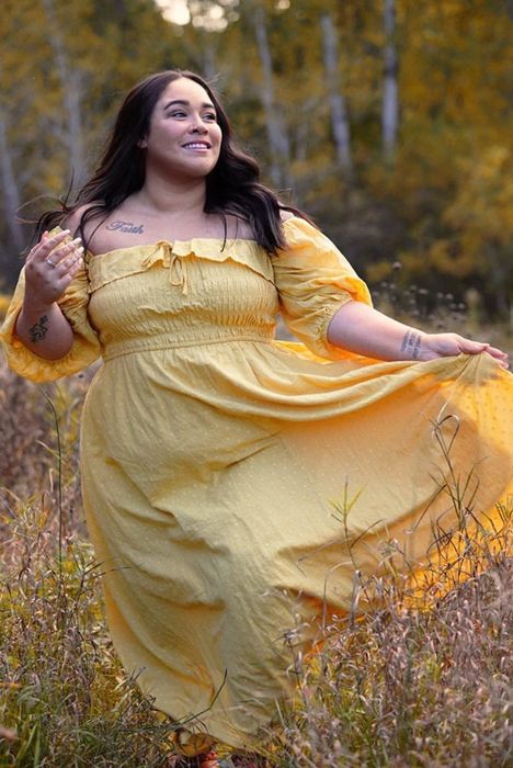 A reviewer wearing the yellow dress