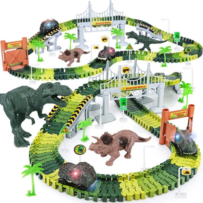 The green track with bridges and dino cars
