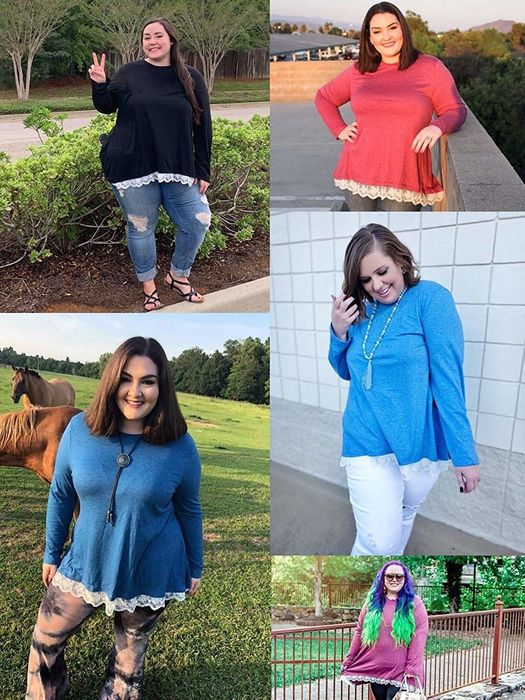 multiple images of reviewers showcasing the long-sleeve top in various color options