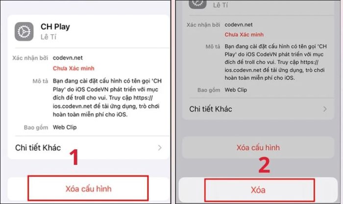 Chọn vào Hồ sơ cấu hình CH Play và nhấn Xóa cấu hình để gỡ bỏ ứng dụng CH Play đã cài đặt trên iPhone.