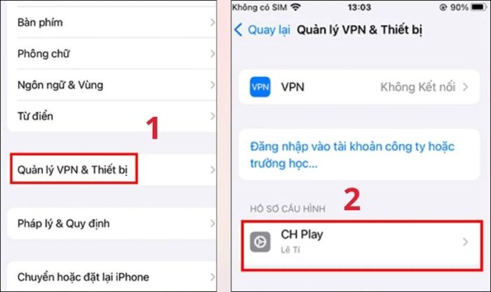 Vào phần Cài đặt chung và chọn Quản lí VPN và thiết bị để tiếp tục.