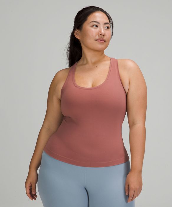 model wearing the tank in chai color