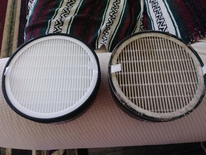 A reviewer's photo comparing a clean filter on the left with a dirty filter on the right