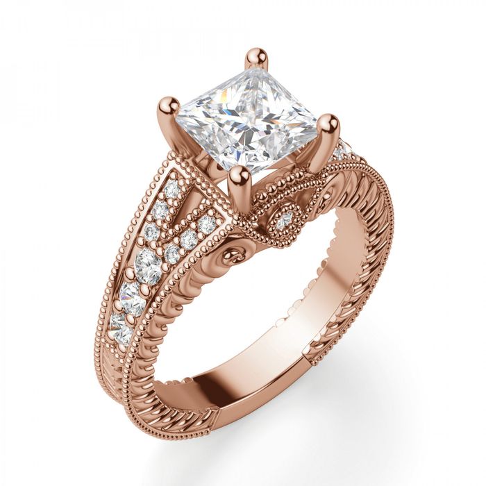 the rose gold ring featuring a central diamond surrounded by smaller diamonds along the band