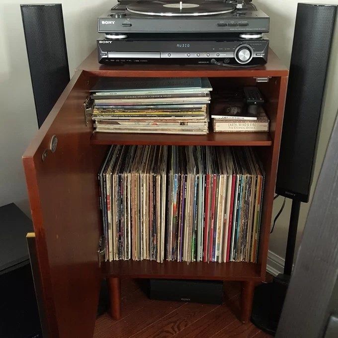 A reviewer's photo of the open record cabinet, filled with numerous records neatly stored inside.