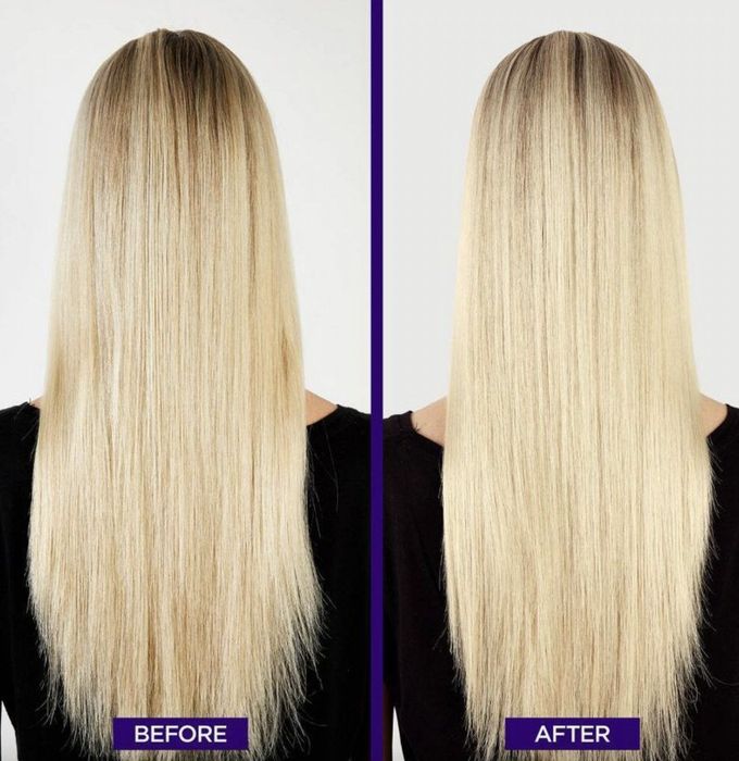 A before-and-after photo showing the effects of purple shampoo on hair
