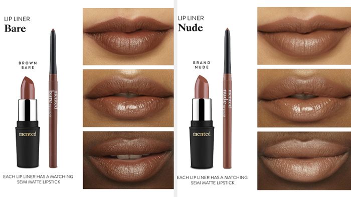 Lip liners 'Bare' and 'Nude' by Mented, paired with matching semi-matte lipsticks. Close-up shots show the lip colors on a variety of skin tones.
