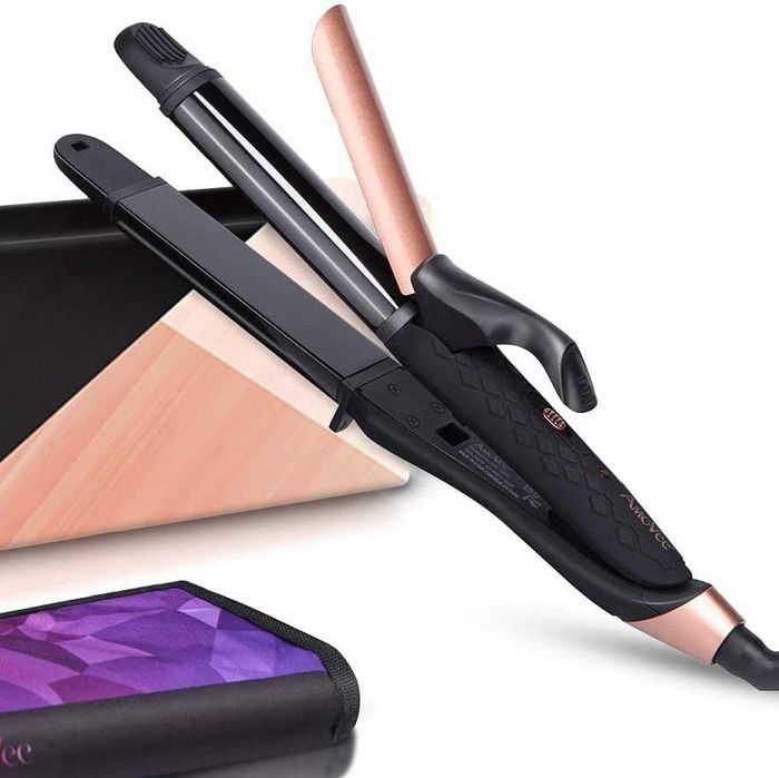 The curling iron and straightener combo showing off both of its functions in one versatile tool.