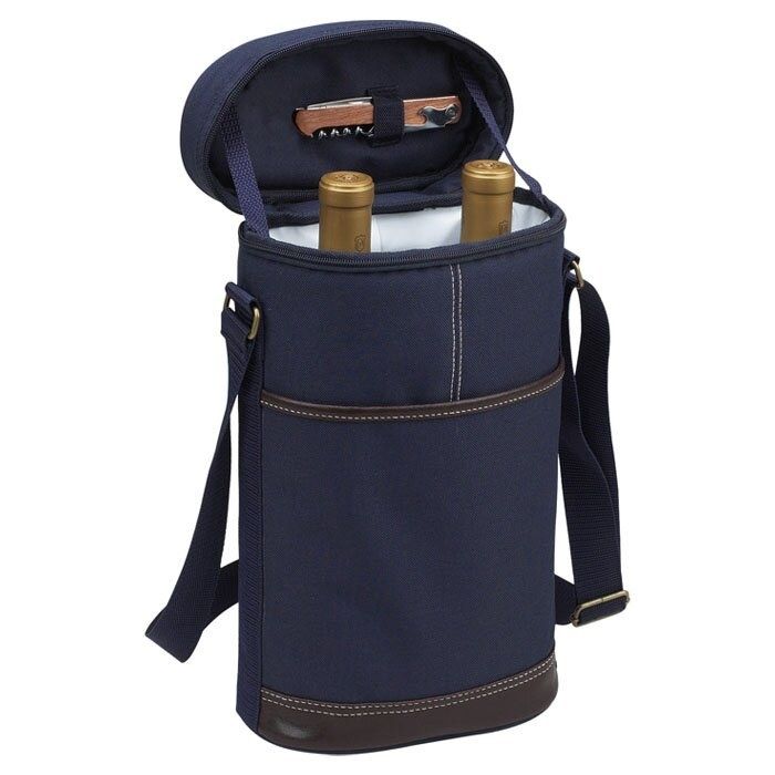 A denim-colored insulated bag with leather accents, designed to hold two bottles and a bottle opener.