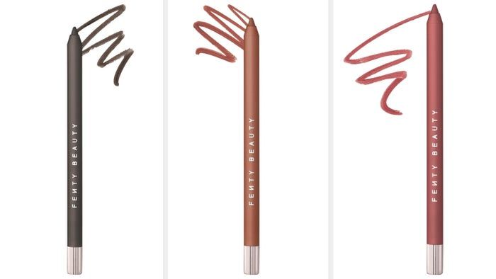 Three Fenty Beauty eye pencils displayed alongside swatches in brown, red, and pink shades, highlighted in a shopping guide.