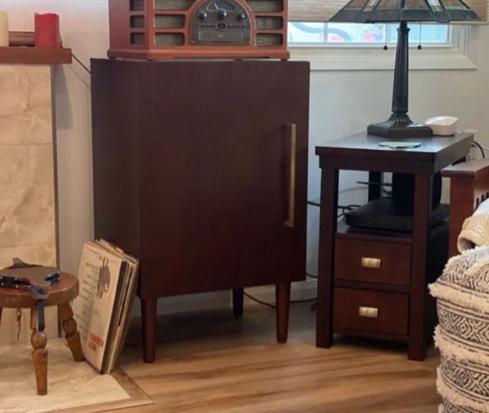 A customer's photo showcasing the stylish record storage cabinet.