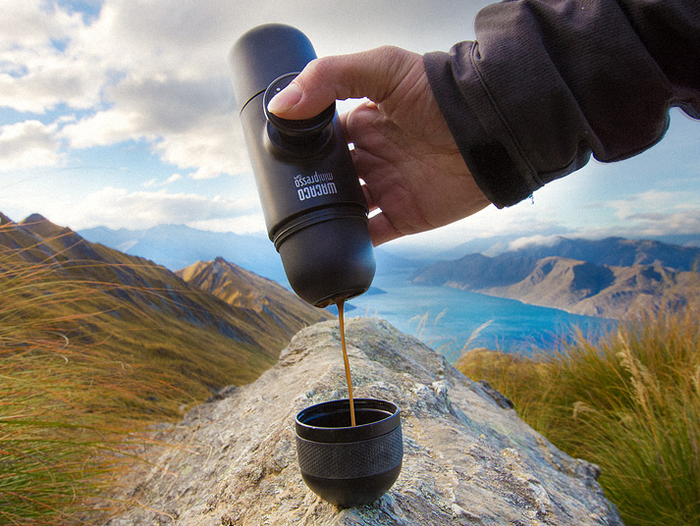 A compact, tube-shaped coffee maker, perfect for brewing your favorite coffee while traveling.