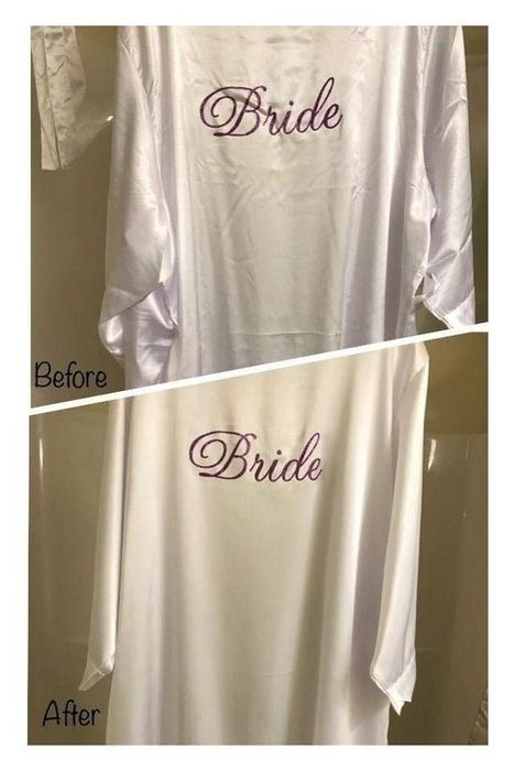 A satin robe reviewed by a user, displayed before and after using the steamer, illustrating the significant reduction in wrinkles.