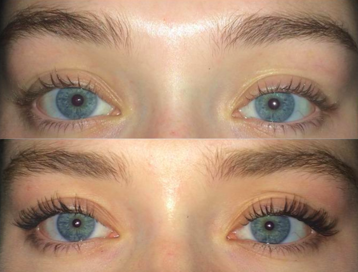 reviewer photos showing the dramatic before and after effect of applying the black mascara