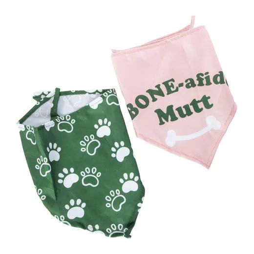 Two bandanas: one green with white paw prints, and another pink with a white bone and the words 'bone-afide mutt' in green