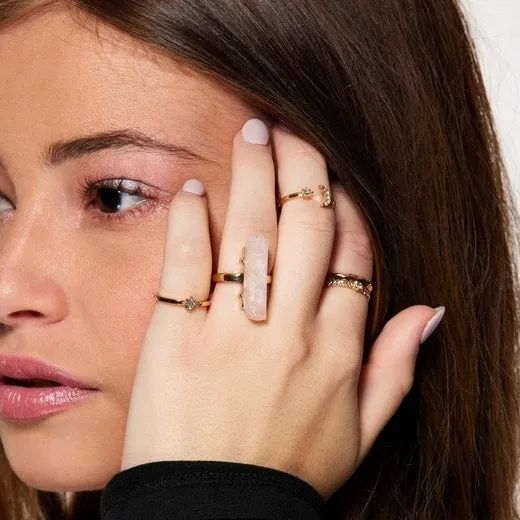 model displaying the rose quartz ring collection