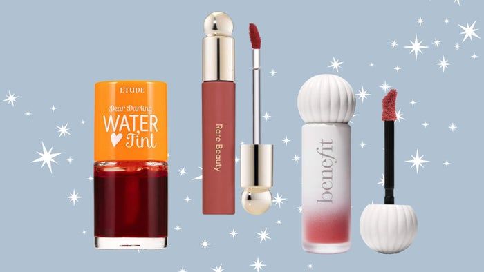 Popular options include the Etude Dear Darling water tint, Rare Beauty lip tint, and Benefit matte lip stain.