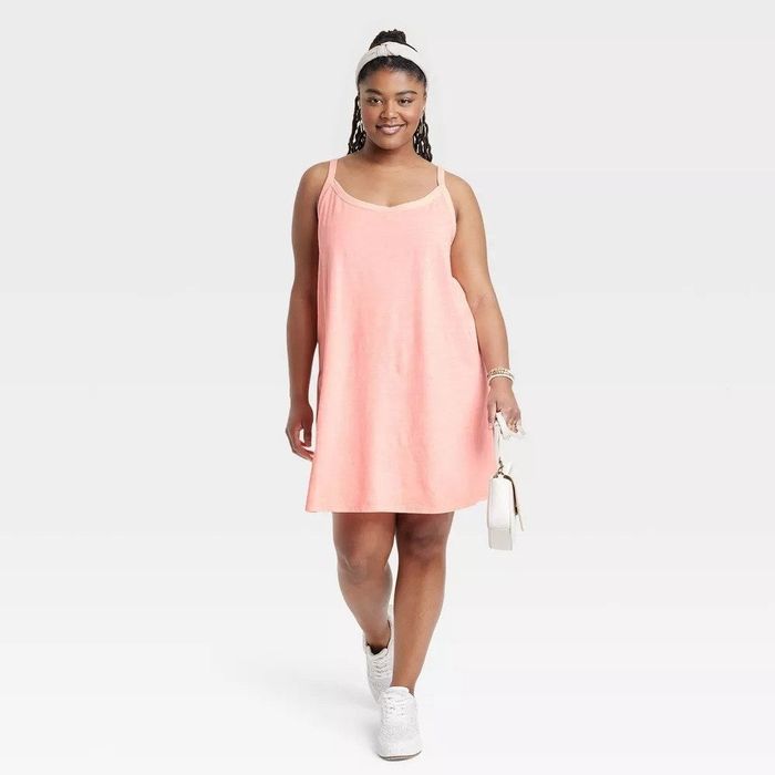 Model showcasing the pink dress
