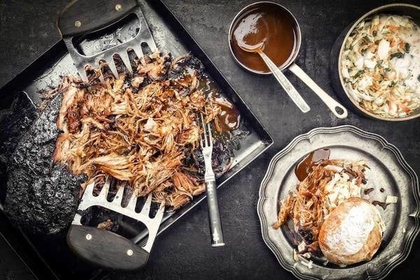 Pulled BBQ pork with accompanying sides