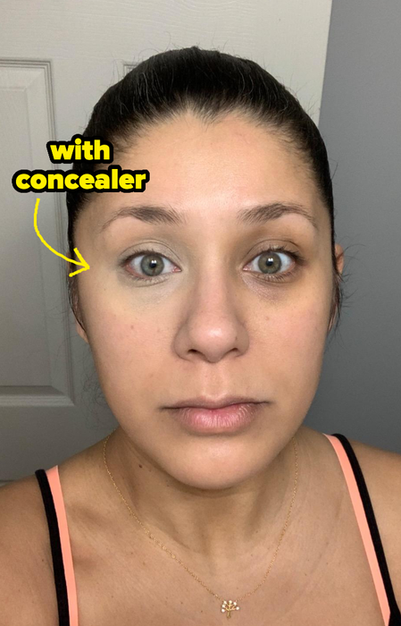Before/after shot of a reviewer demonstrating how well the concealer covers undereye circles.