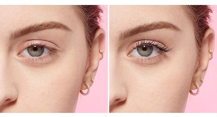 A woman showcasing the difference before and after applying the mascara.