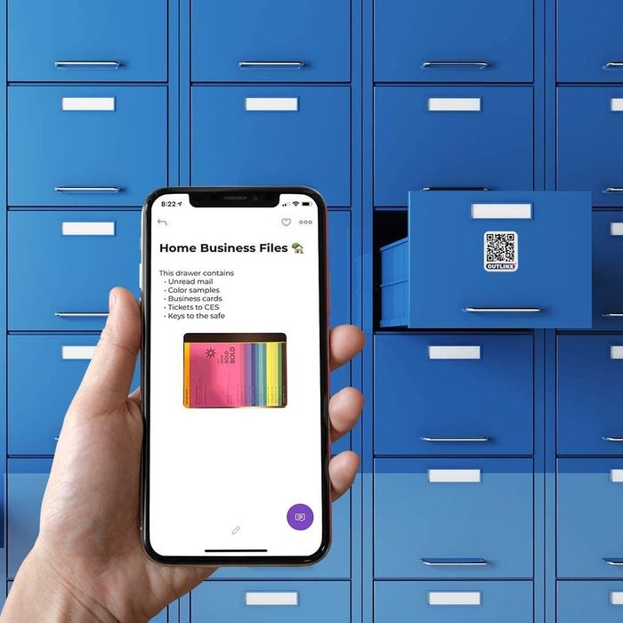 A model demonstrates using a smartphone to scan a file cabinet, instantly retrieving a digital list of the items stored inside.
