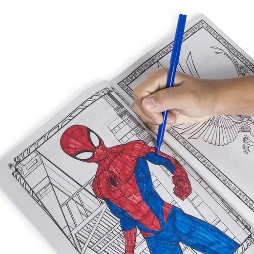 A coloring book page in progress, being colored in