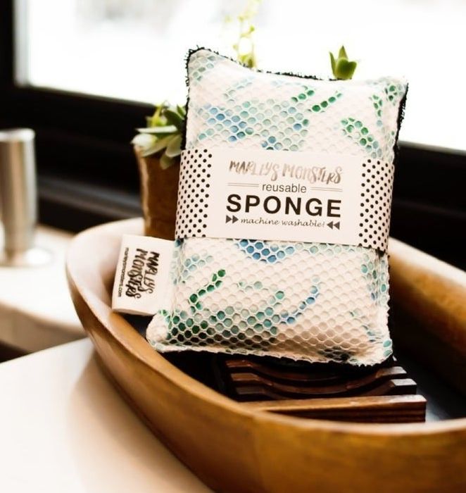 The blue patterned sponge, a stylish and eco-friendly alternative to traditional sponges.