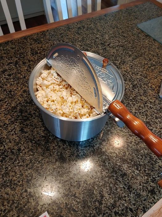 A reviewer's popcorn maker displayed on a kitchen countertop.