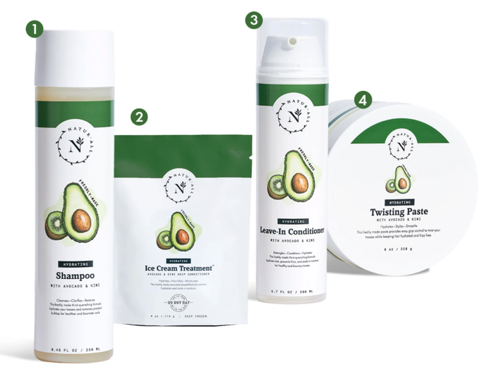 The set includes four key products: shampoo, deep conditioner, leave-in conditioner, and twisting paste.