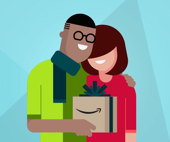 An illustration of a couple happily receiving a package adorned with the Amazon logo.