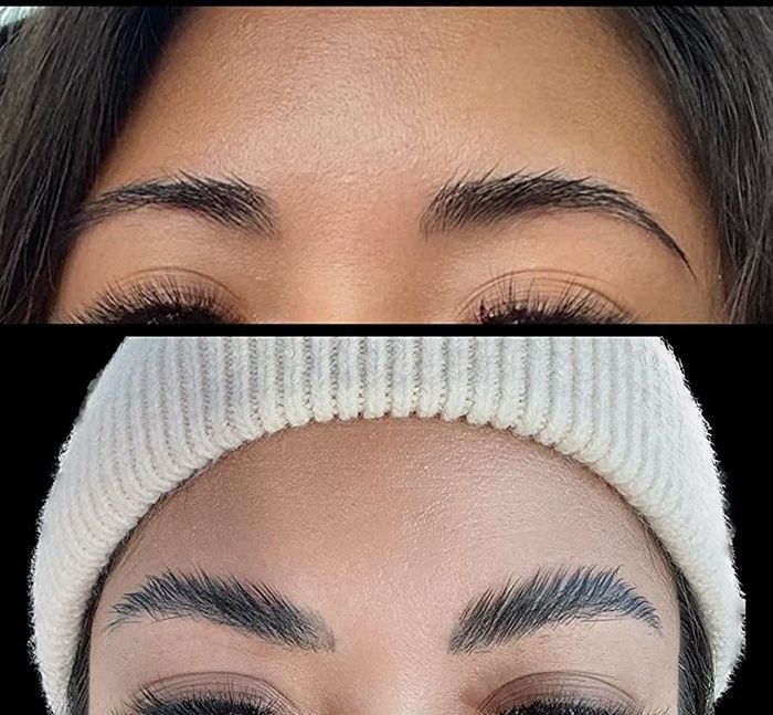 Before and after shots of the reviewer's brows using the soap brow kit.