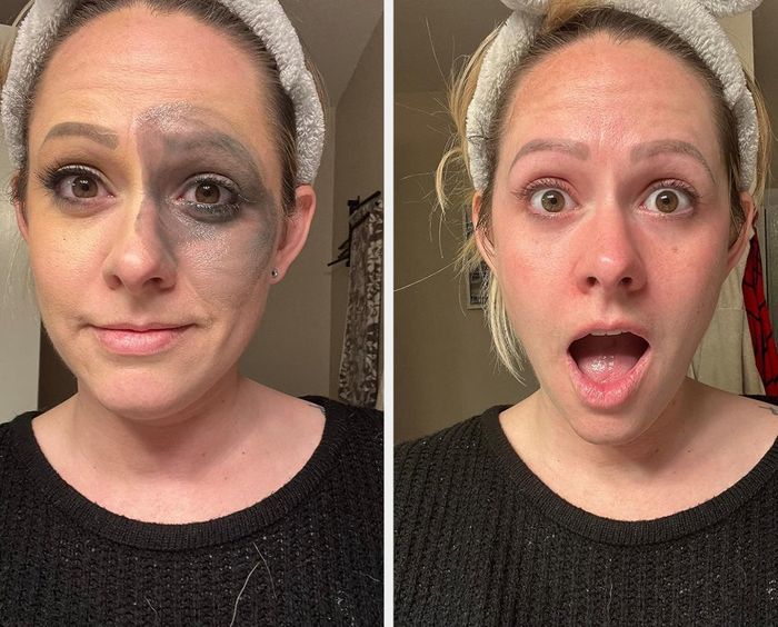 Before and after showing the reviewer's face after removing makeup with the cleansing balm