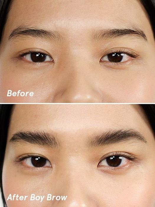 A model's before photo shows sparse dark brows, contrasted with an after photo where their brows are dark, filled-in, and beautifully feathered.