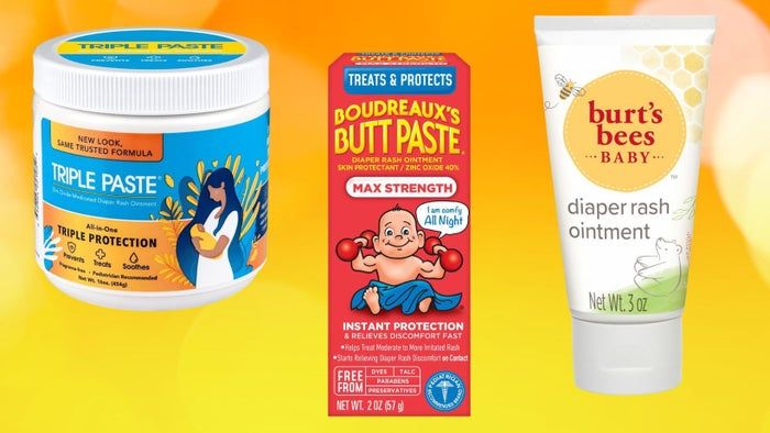 Triple Paste diaper rash cream, Boudreaux's maximum strength butt paste, and Burt's Bees diaper rash ointment
