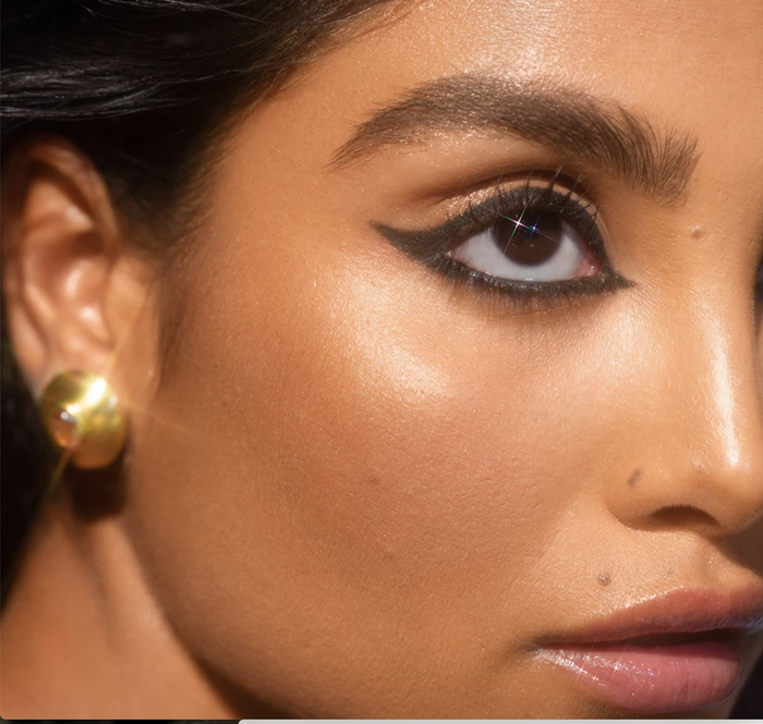 the eyeliner applied in a bold Cleopatra-inspired style