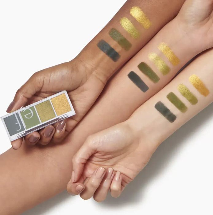 Swatches of the Hot Jalapeno palette displayed on various skin tones, showcasing its vibrant and versatile shades.