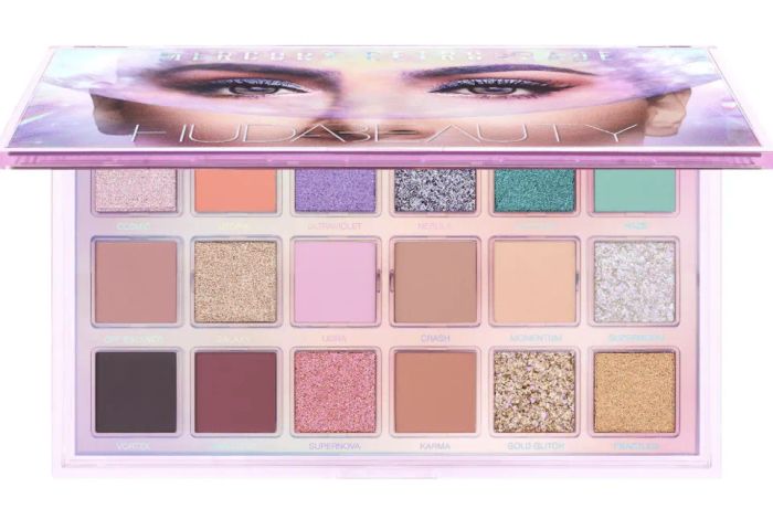The Huda Beauty Mercury Retrograde Palette, a dreamy collection of pastel and vibrant shades for creative and eye-catching looks.