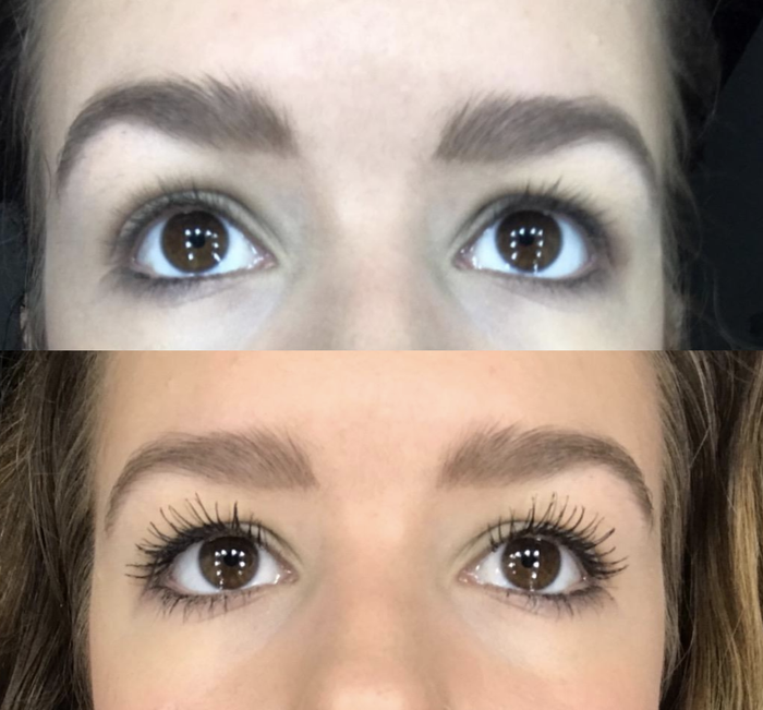 The reviewer shares before-and-after photos, showcasing how the mascara transforms their lashes, making them appear longer and fuller.