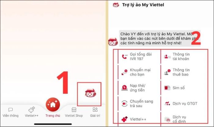 Lựa chọn vấn đề bạn muốn trợ lý ảo Viettel giải quyết