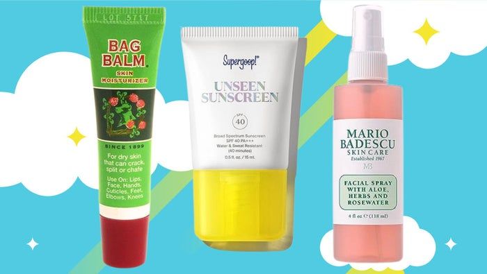 A tube of Bag Balm, Supergoop's Unseen Sunscreen SPF 40, and Mario Badescu’s Aloe and Rose Water Facial Spray from Amazon.