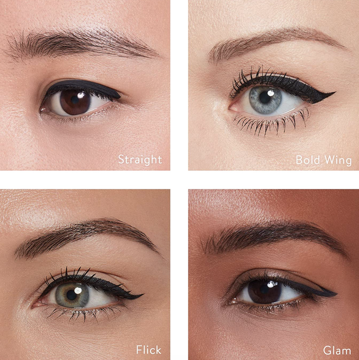 Models showcasing the eyeliner in four distinct styles: straight, bold wing, flick, and glam.