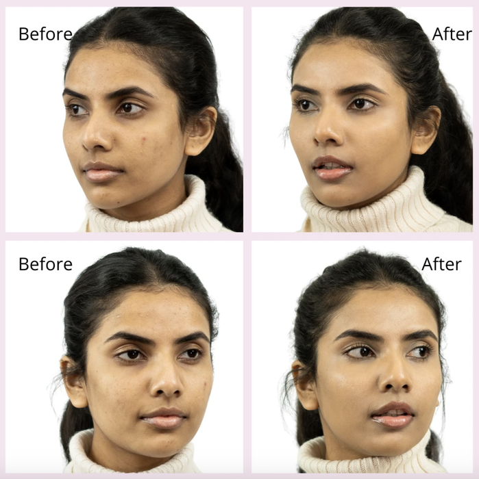 A before and after chart featuring a South Asian model, highlighting the visible improvement in her skin with and without the foundation