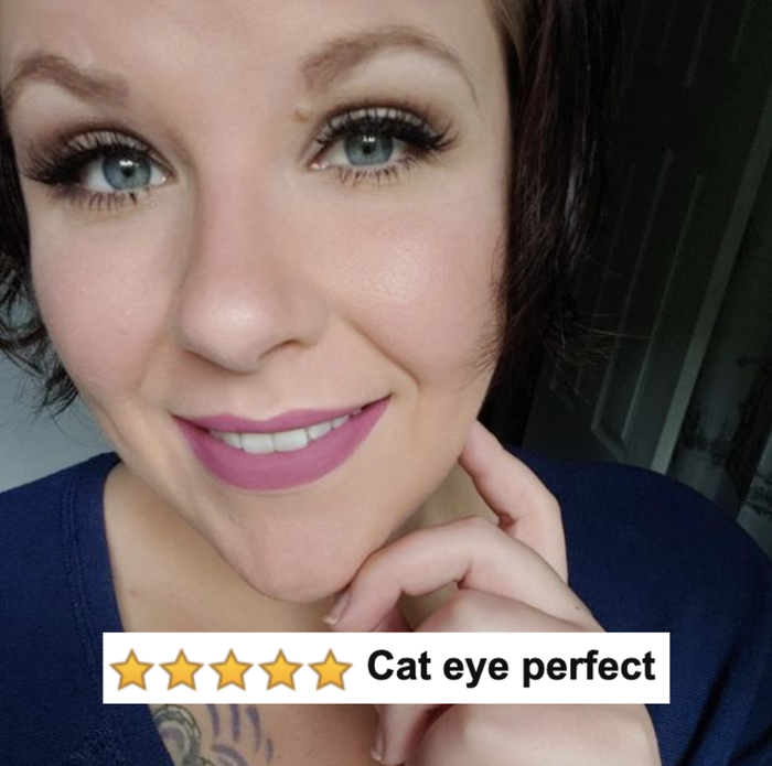 A reviewer’s photo showing black liquid eyeliner with a five-star caption reading