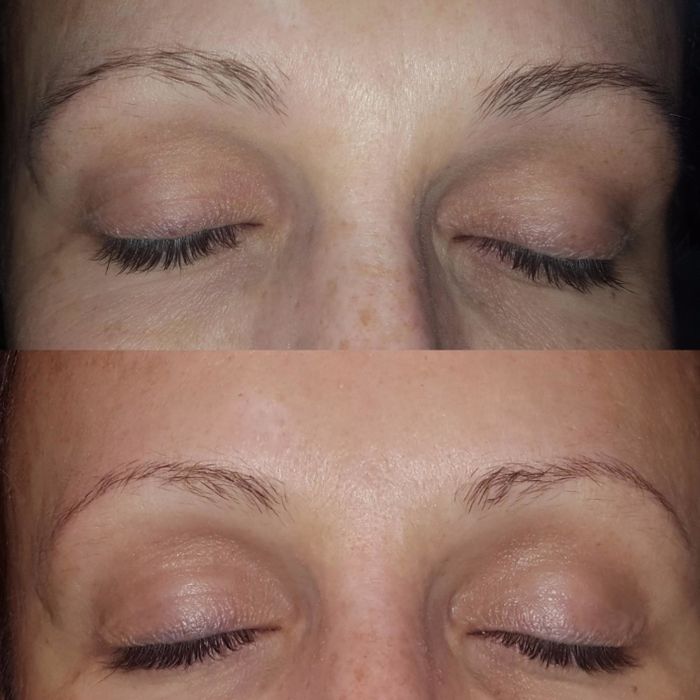 a before and after comparison showing lashes that are darker and noticeably longer