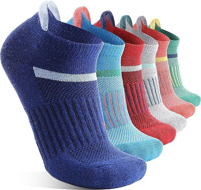 A set of six pairs of vibrant athletic ankle socks arranged neatly in a row