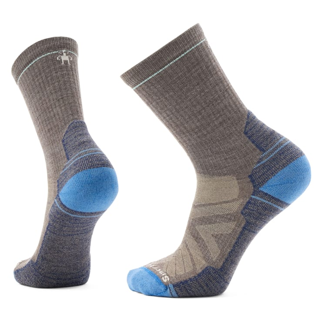 Two athletic socks in shades of gray and blue.