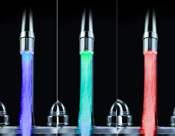 Three images showing water flowing from a faucet in three different colors